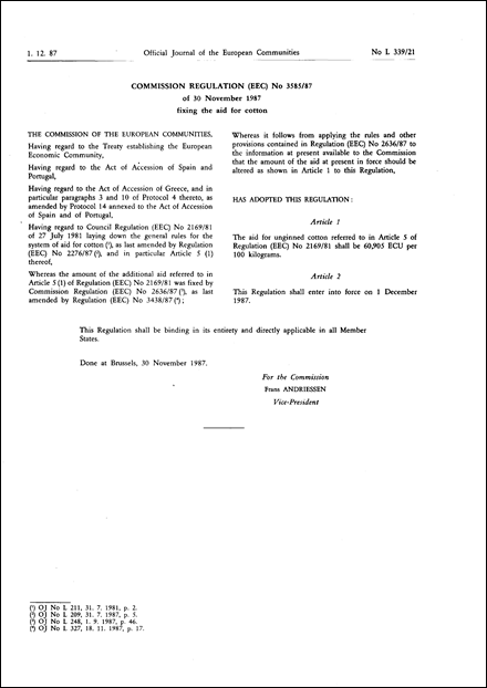 Commission Regulation (EEC) No 3585/87 of 30 November 1987 fixing the aid for cotton