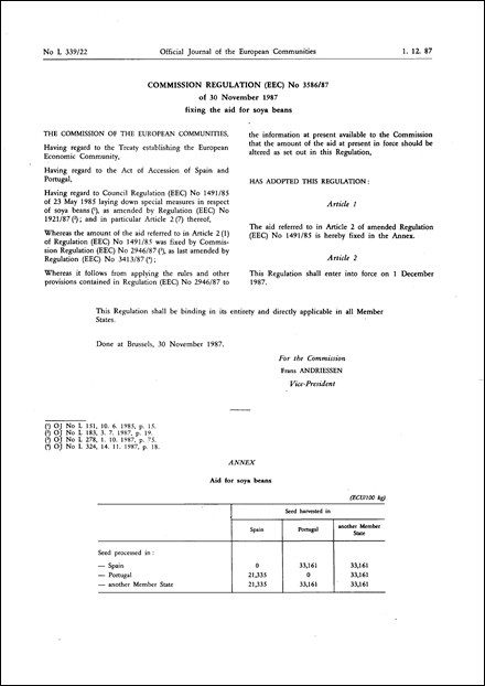 Commission Regulation (EEC) No 3586/87 of 30 November 1987 fixing the aid for soya beans