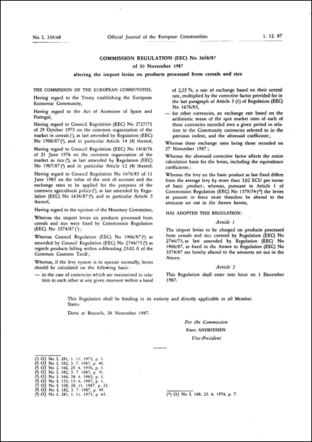 Commission Regulation (EEC) No 3608/87 of 30 November 1987 altering the import levies on products processed from cereals and rice