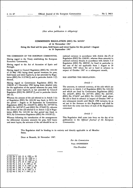 Commission Regulation (EEC) No 3609/87 of 26 November 1987 fixing the final aid for peas, field beans and sweet lupins for the period 1 August to 30 September 1987