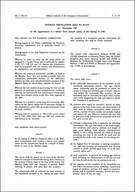 Council Regulation (EEC) No 3621/87 of 1 December 1987 on the organization of a labour force sample survey in the Spring of 1988