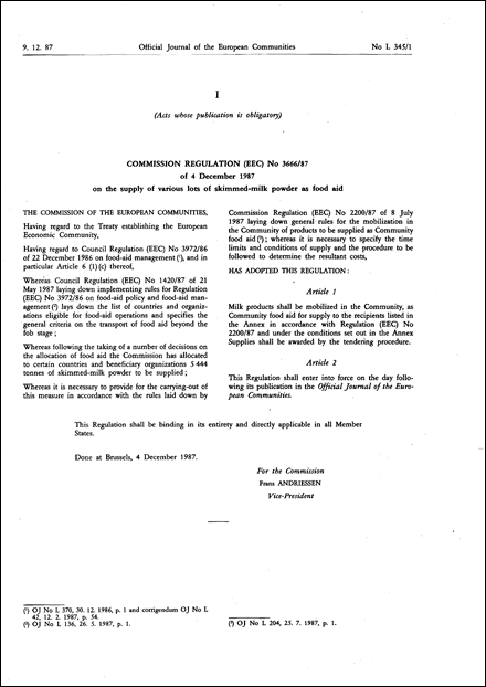 Commission Regulation (EEC) No 3666/87 of 4 December 1987 on the supply of various lots of skimmed-milk powder as food aid