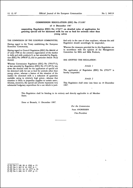 Commission Regulation (EEC) No 3715/87 of 11 December 1987 suspending Regulation (EEC) No 2793/77 on detailed rules of application for granting special aid for skimmed milk for use as feed for animals other than young calves