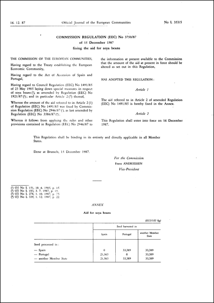 Commission Regulation (EEC) No 3750/87 of 15 December 1987 fixing the aid for soya beans