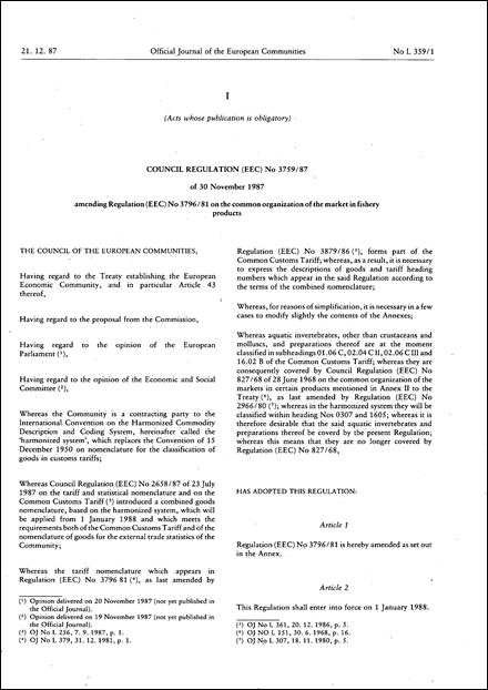 Council Regulation (EEC) No 3759/87 of 30 November 1987 amending Regulation (EEC) No 3796/81 on the common organization of the market in fishery products