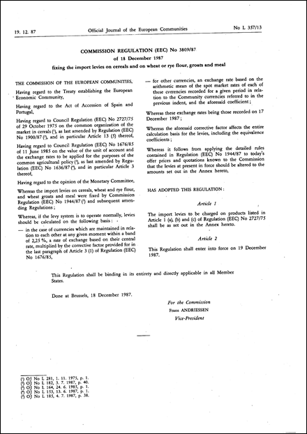 Commission Regulation (EEC) No 3809/87 of 18 December 1987 fixing the import levies on cereals and on wheat or rye flour, groats and meal