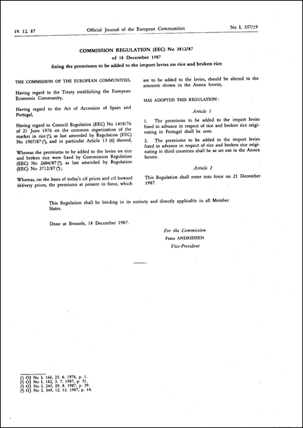 Commission Regulation (EEC) No 3812/87 of 18 December 1987 fixing the premiums to be added to the import levies on rice and broken rice