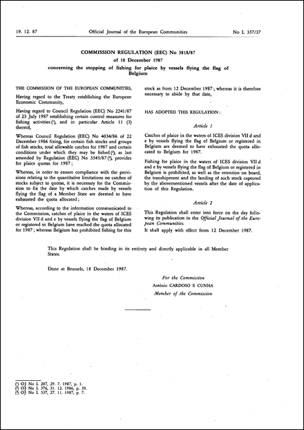 Commission Regulation (EEC) No 3818/87 of 18 December 1987 concerning the stopping of fishing for plaice by vessels flying the flag of Belgium