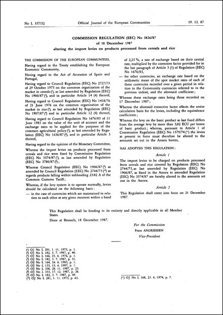 Commission Regulation (EEC) No 3826/87 of 18 December 1987 altering the import levies on products processed from cereals and rice