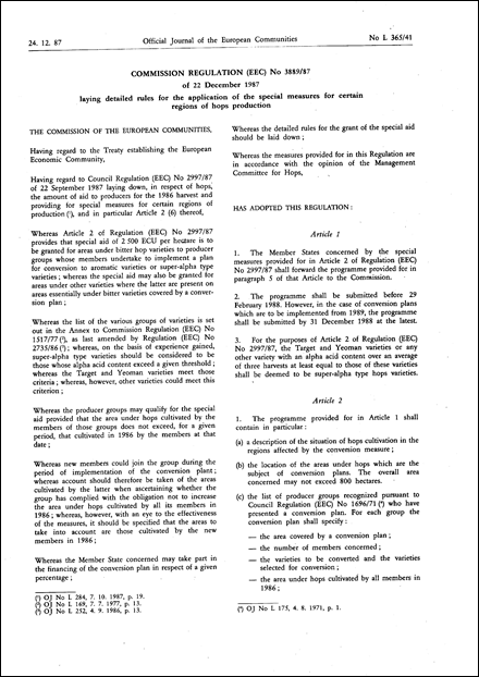 Commission Regulation (EEC) No 3889/87 of 22 December 1987 laying down detailed rules for the application of the special measures for certain regions of hops production