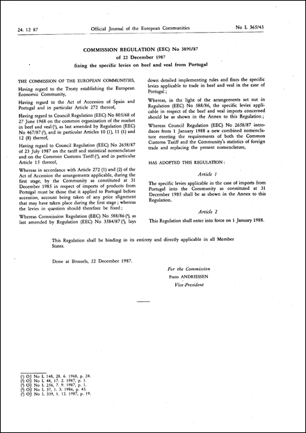 Commission Regulation (EEC) No 3890/87 of 22 December 1987 fixing the specific levies on beef and veal from Portugal