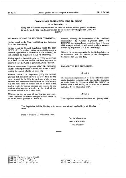 Commission Regulation (EEC) No 3894/87 of 22 December 1987 fixing the maximum export refunds on olive oil for the second partial invitation to tender under the standing invitation to tender issued by Regulation (EEC) No 3129/87