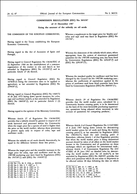 Commission Regulation (EEC) No 3895/87 of 23 December 1987 fixing the amount of the subsidy on oil seeds