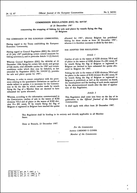 Commission Regulation (EEC) No 3897/87 of 23 December 1987 concerning the stopping of fishing for sole and plaice by vessels flying the flag of Belgium