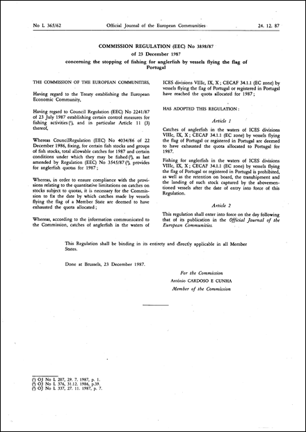 Commission Regulation (EEC) No 3898/87 of 23 December 1987 concerning the stopping of fishing for anglerfish by vessels flying the flag of Portugal