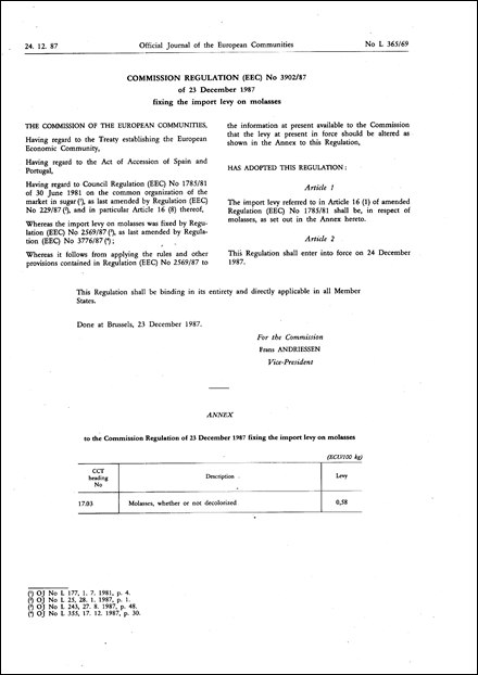 Commission Regulation (EEC) No 3902/87 of 23 December 1987 fixing the import levy on molasses