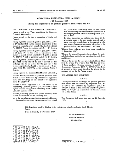 Commission Regulation (EEC) No 3903/87 of 23 December 1987 altering the import levies on products processed from cereals and rice