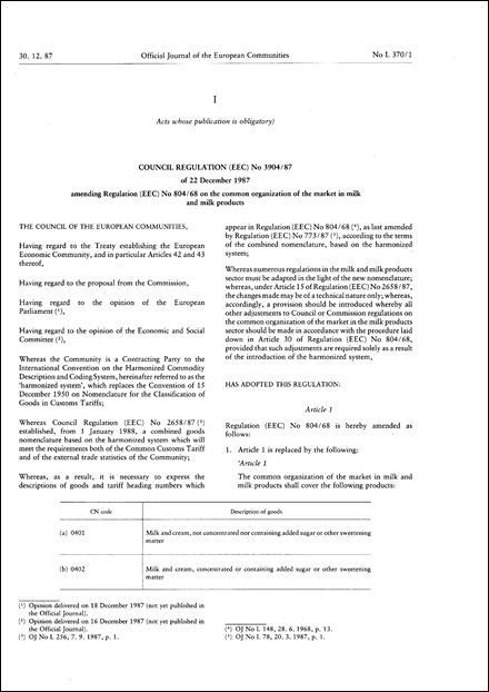 Council Regulation (EEC) No 3904/87 of 22 December 1987 amending Regulation (EEC) No 804/68 on the common organization of the market in milk and milk products