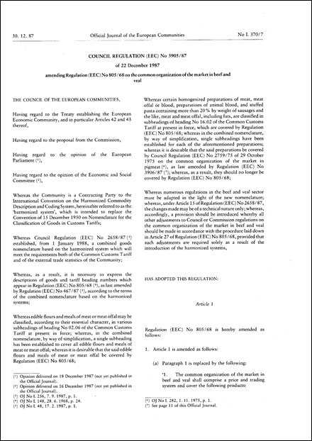 Council Regulation (EEC) No 3905/87 of 22 December 1987 amending Regulation (EEC) No 805/68 on the common organization of the market in beef and veal