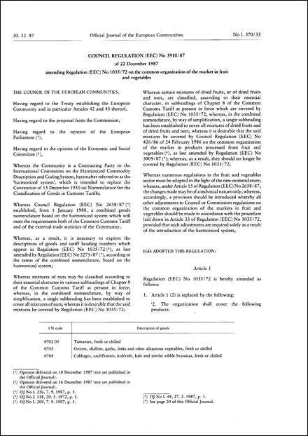 Council Regulation (EEC) No 3910/87 of 22 December 1987 amending Regulation (EEC) No 1035/72 on the common organization of the market in fruit and vegetables