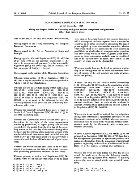 Commission Regulation (EEC) No 3917/87 of 23 December 1987 fixing the import levies on live sheep and goats and on sheepmeat and goatmeat other than frozen meat