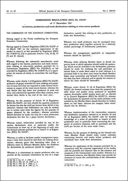 Commission Regulation (EEC) No 3929/87 of 17 December 1987 on harvest, production and stock declarations relating to wine-sector products