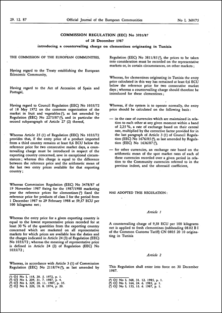 Commission Regulation (EEC) No 3931/87 of 28 December 1987 introducing a countervailing charge on clementines originating in Tunisia