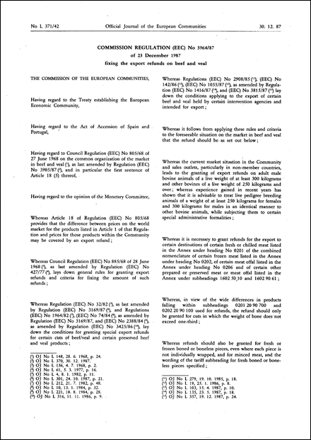 Commission Regulation (EEC) No 3964/87 of 23 December 1987 fixing the export refunds on beef and veal