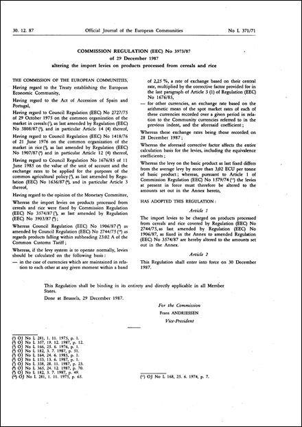 Commission Regulation (EEC) No 3973/87 of 29 December 1987 altering the import levies on products processed from cereals and rice