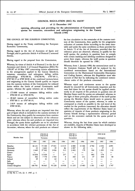 Council Regulation (EEC) No 4063/87 of 22 December 1987 opening, allocating and providing for the administration of Community tariff quotas for tomatoes, cucumbers and aubergines originating in the Canary Islands (1988)