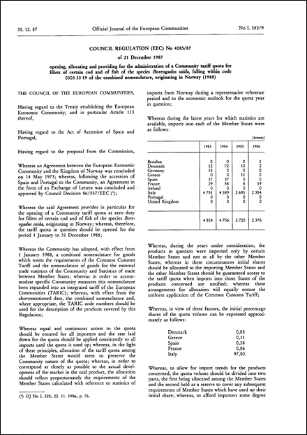 Council Regulation (EEC) No 4085/87 of 21 December 1987 opening, allocating and providing for the administration of a Community tariff quota for fillets of certain cod and of fish of the species Boreogadus saida, falling within code 0305 30 19 of the combined nomenclature, originating in Norway (1988)