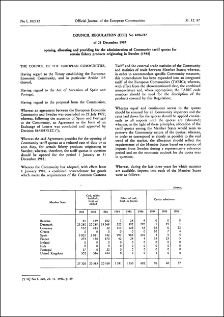 Council Regulation (EEC) No 4086/87 of 21 December 1987 opening, allocating and providing for the administration of Community tariff quotas for certain fishery products originating in Sweden (1988)