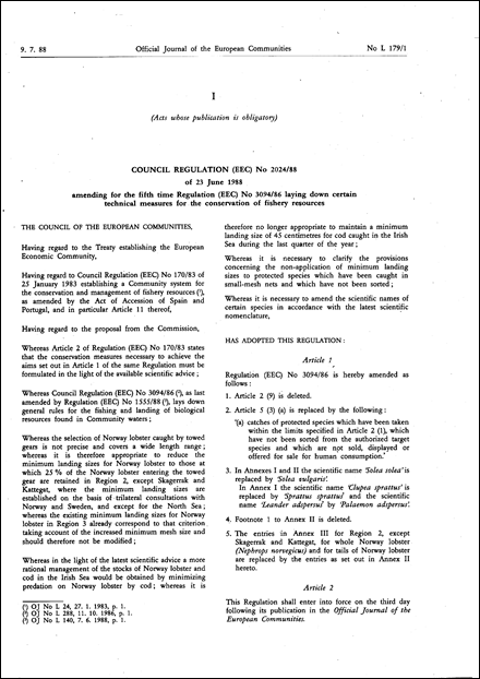 Council Regulation (EEC) No 2024/88 of 23 June 1988 amending for the fifth time Regulation (EEC) No 3094/86 laying down certain technical measures for the conservation of fishery resources