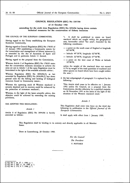 Council Regulation (EEC) No 3287/88 of 20 October 1988 amending for the sixth time Regulation (EEC) No 3094/86 laying down certain technical measures for the conservation of fishery resources