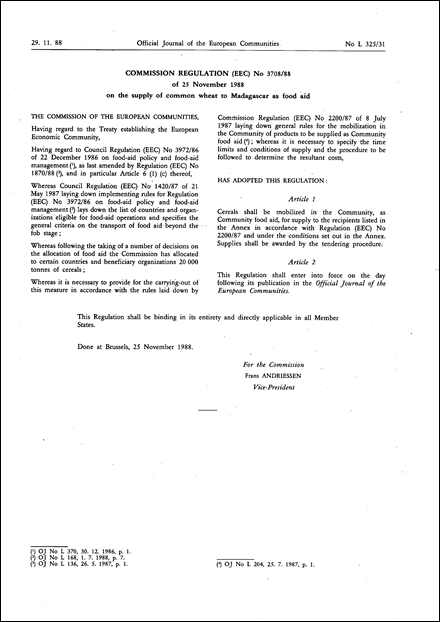 Commission Regulation (EEC) No 3708/88 of 25 November 1988 on the supply of common wheat to Madagascar as food aid