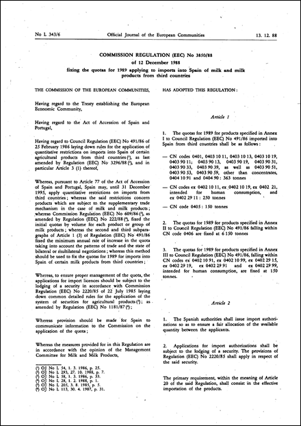 Commission Regulation (EEC) No 3850/88 of 12 December 1988 fixing the quotas for 1989 applying to imports into Spain of milk and milk products from third countries