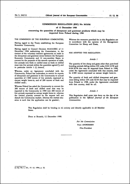 Commission Regulation (EEC) No 3853/88 of 12 December 1988 concerning the quantities of sheepmeat and goatmeat products which may be imported from Poland during 1988