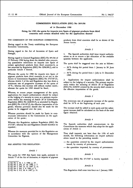 Commission Regulation (EEC) No 3891/88 of 14 December 1988 fixing, for 1989, the quota for imports into Spain of pigmeat products from third countries and certain detailed rules for the application thereof