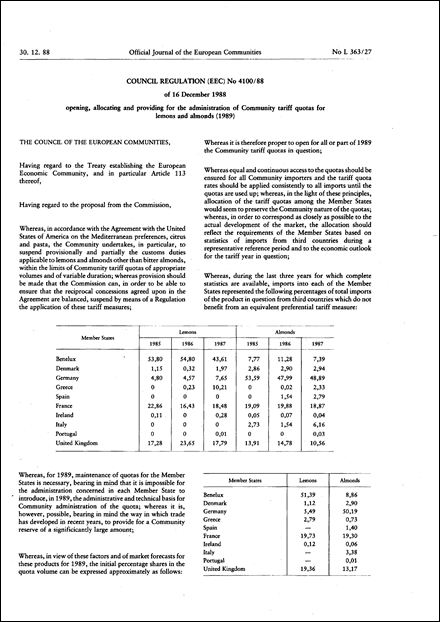 Council Regulation (EEC) No 4100/88 of 16 December 1988 opening, allocating and providing for the administration of Community tariff quotas for lemons and almonds (1989)