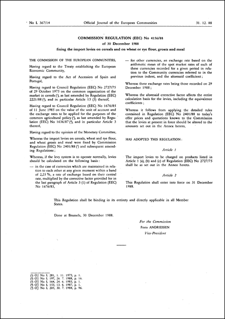 Commission Regulation (EEC) No 4156/88 of 30 December 1988 fixing the import levies on cereals and on wheat or rye flour, groats and meal