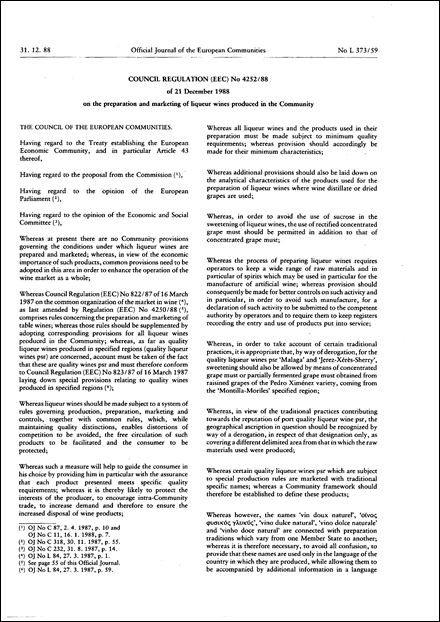 Council Regulation (EEC) No 4252/88 of 21 December 1988 on the preparation and marketing of liqueur wines produced in the Community (repealed)