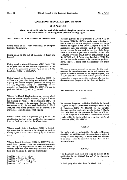 Commission Regulation (EEC) No 969/88 of 13 April 1988 fixing for Great Britain the level of the variable slaughter premium for sheep and the amounts to be charged on products leaving region 5