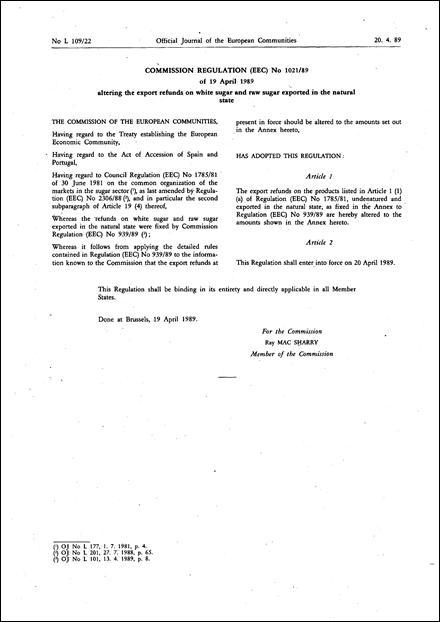 Commission Regulation (EEC) No 1021/89 of 19 April 1989 altering ...