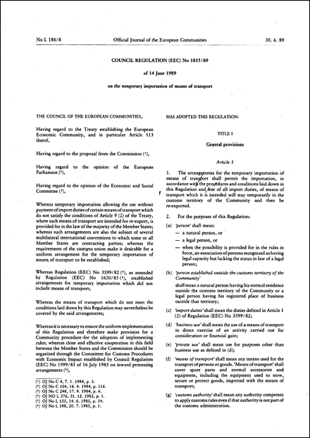 Council Regulation (EEC) No 1855/89 of 14 June 1989 on the temporary importation of means of transport