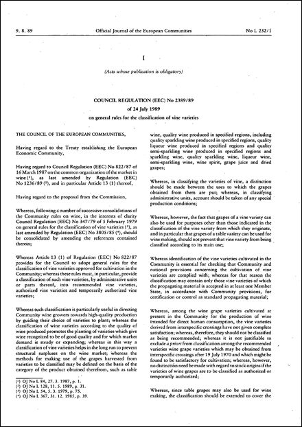 Council Regulation (EEC) No 2389/89 of 24 July 1989 on general rules for the classification of vine varieties
