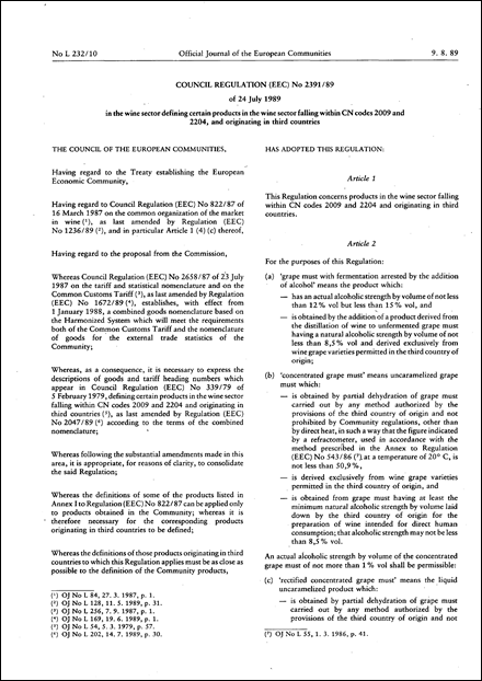 Council Regulation (EEC) No 2391/89 of 24 July defining certain products in the wine sector falling within CN codes 2009 and 2204, and originating in third countries