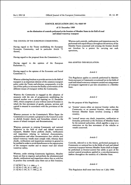 Council Regulation (EEC) No 4060/89 of 21 December 1989 on the elimination of controls performed at the frontiers of Member States in the field of road and inland waterway transport (repealed)