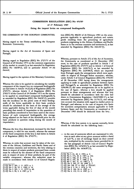 Commission Regulation (EEC) No 491/89 of 27 February 1989 fixing the import levies on compound feedingstuffs