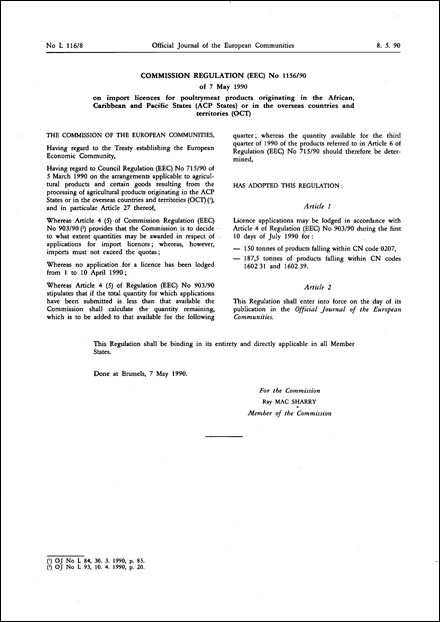 Commission Regulation (EEC) No 1156/90 of 7 May 1990 on import licences for poultrymeat products originating in the African, Caribbean and Pacific states (ACP states) or in the overseas countries and territories (OCT)