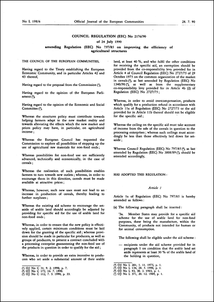 Council Regulation (EEC) No 2176/90 of 24 July 1990 amending Regulation (EEC) No 797/85 on improving the efficiency of agricultural structures